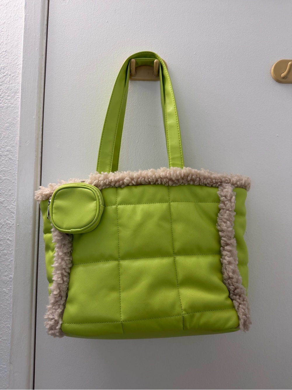 a new day Lime Green Quilted Tote with Cream Shearling Trim